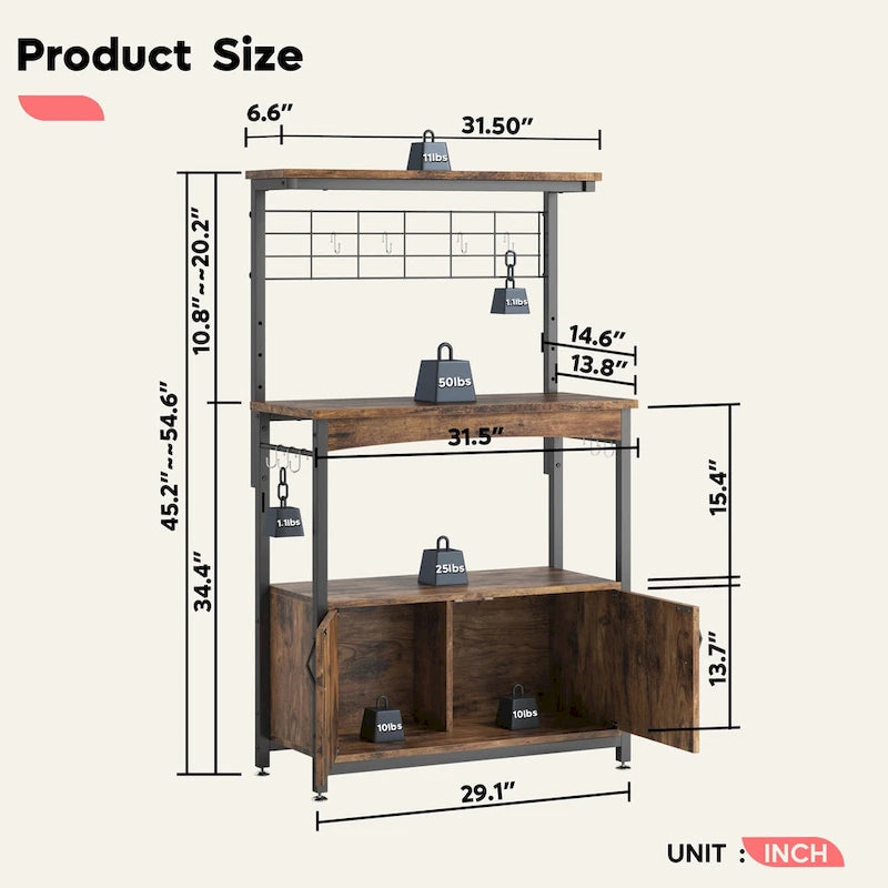 31.5 Microwave Stand with Storage Cabinet, Height-Adjustable Bakers Racks for Kitchen