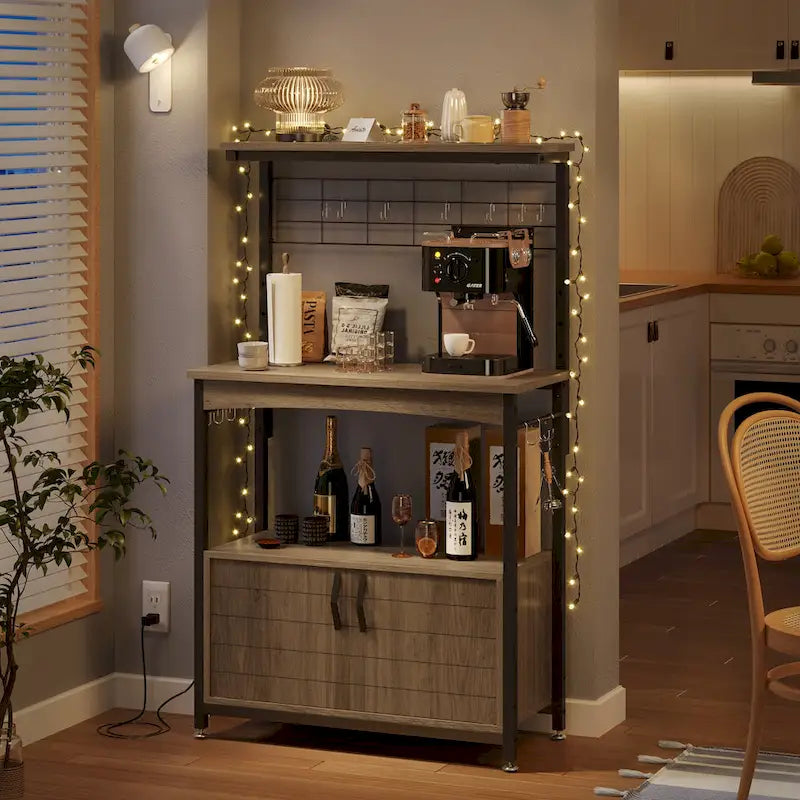 31.5 Microwave Stand with Storage Cabinet, Height-Adjustable Bakers Racks for Kitchen