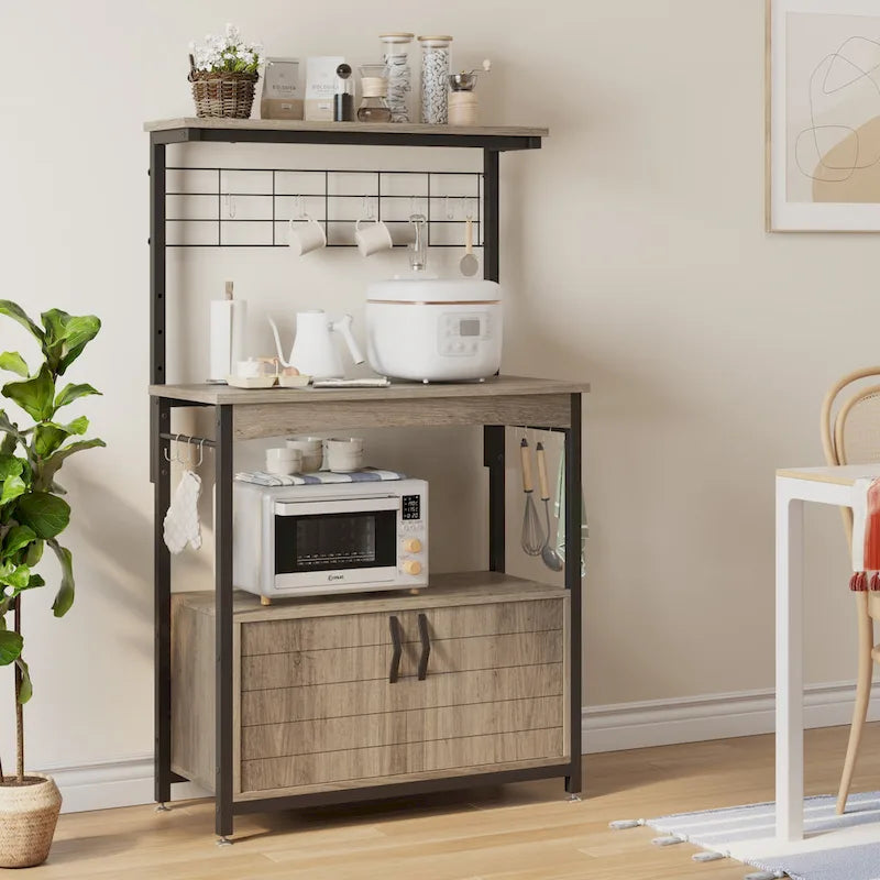 31.5 Microwave Stand with Storage Cabinet, Height-Adjustable Bakers Racks for Kitchen