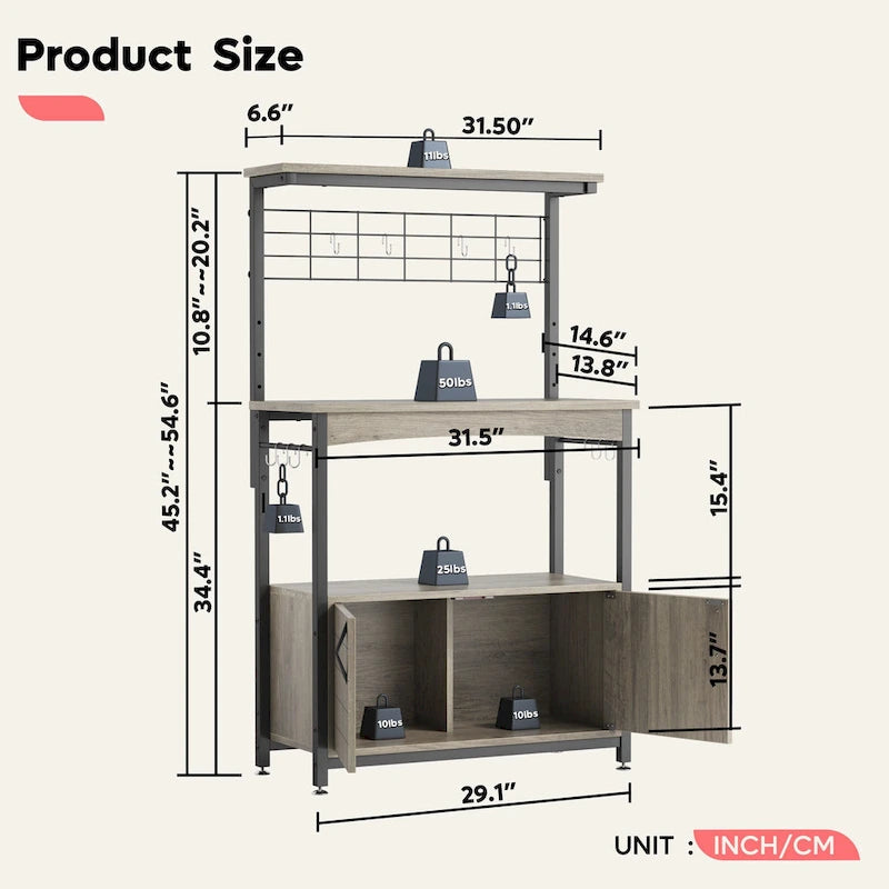 31.5 Microwave Stand with Storage Cabinet, Height-Adjustable Bakers Racks for Kitchen