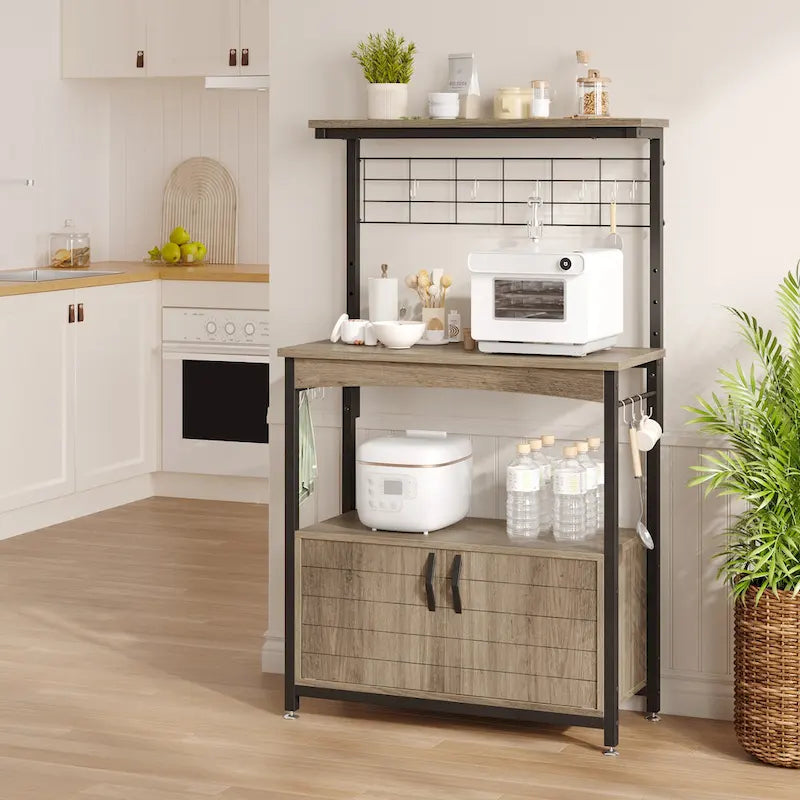 31.5 Microwave Stand with Storage Cabinet, Height-Adjustable Bakers Racks for Kitchen