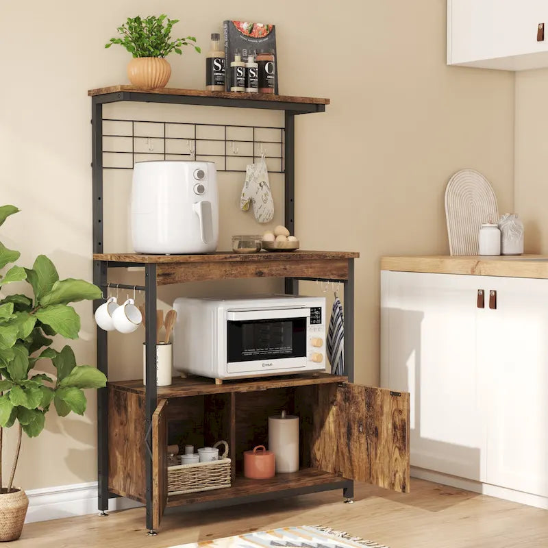 31.5 Microwave Stand with Storage Cabinet, Height-Adjustable Bakers Racks for Kitchen