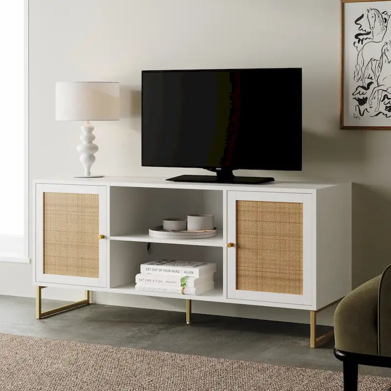 Nathan James Mina Modern TV Stand Entertainment Cabinet Media Console Oak Wood and Black Accents w/ Storage Doors