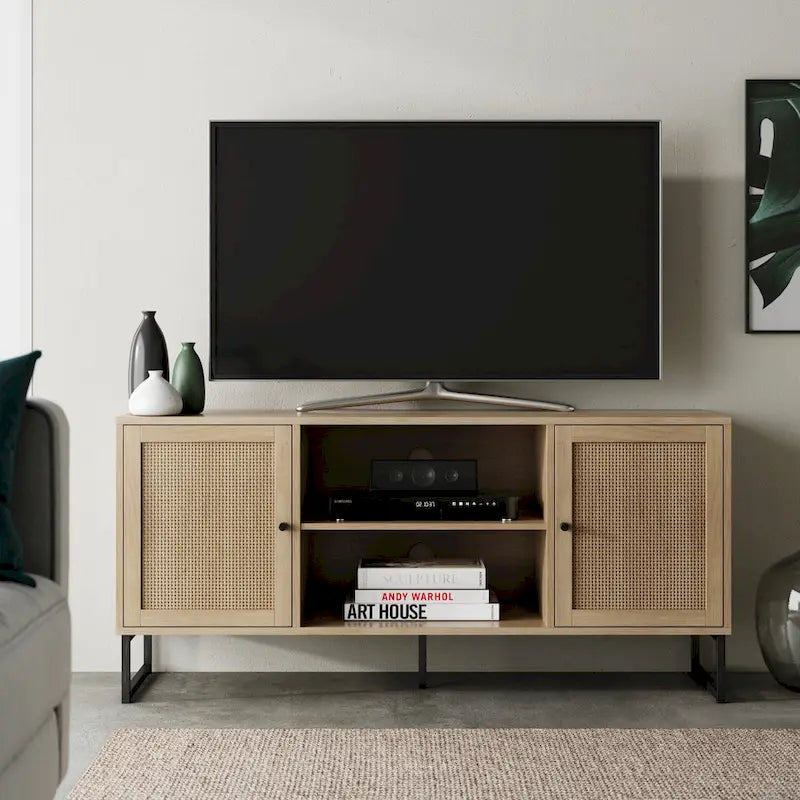 Nathan James Mina Modern TV Stand Entertainment Cabinet Media Console Oak Wood and Black Accents w/ Storage Doors