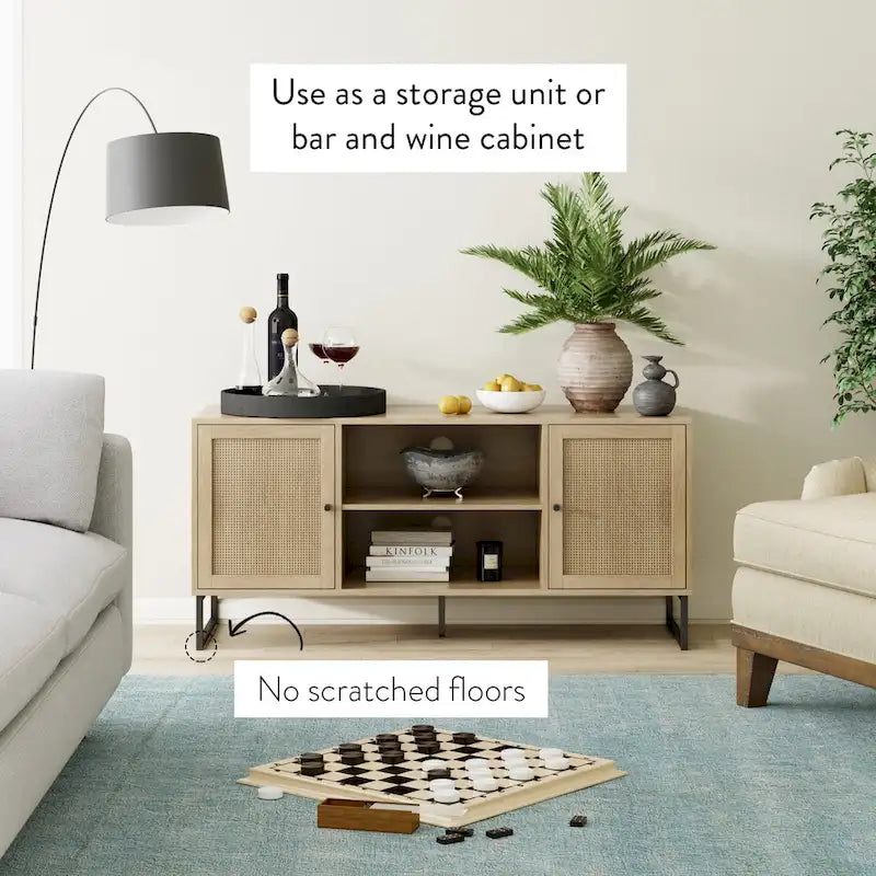 Nathan James Mina Modern TV Stand Entertainment Cabinet Media Console Oak Wood and Black Accents w/ Storage Doors
