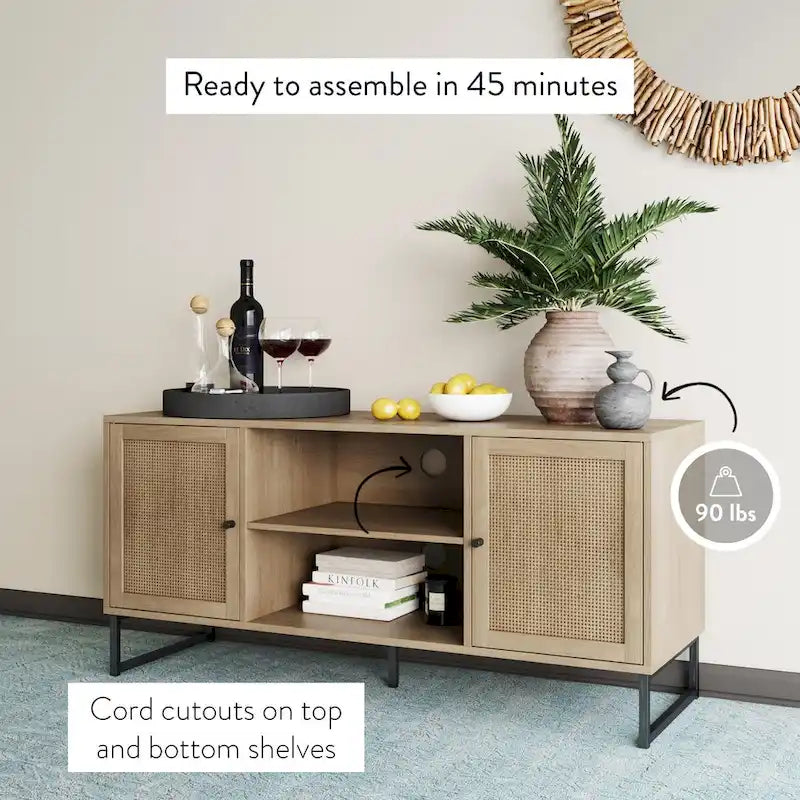 Nathan James Mina Modern TV Stand Entertainment Cabinet Media Console Oak Wood and Black Accents w/ Storage Doors