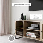 Nathan James Mina Modern TV Stand Entertainment Cabinet Media Console Oak Wood and Black Accents w/ Storage Doors