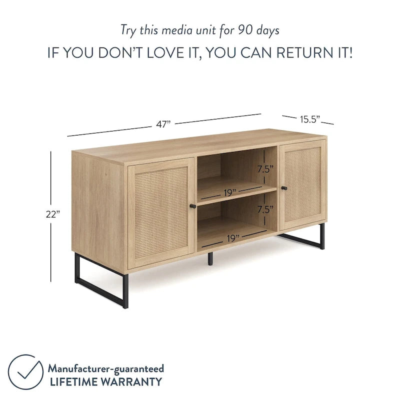 Nathan James Mina Modern TV Stand Entertainment Cabinet Media Console Oak Wood and Black Accents w/ Storage Doors