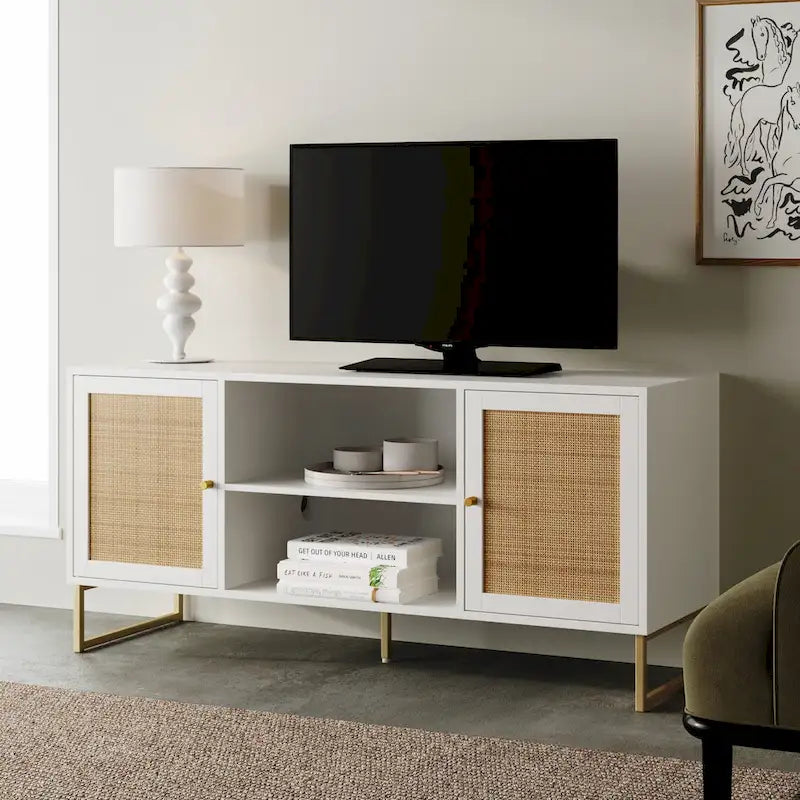 Nathan James Mina Modern TV Stand Entertainment Cabinet Media Console Oak Wood and Black Accents w/ Storage Doors