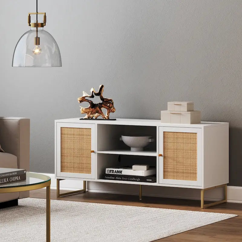 Nathan James Mina Modern TV Stand Entertainment Cabinet Media Console Oak Wood and Black Accents w/ Storage Doors