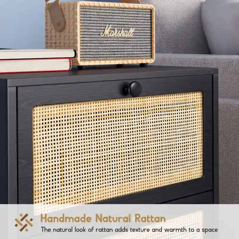 Boho Natural Rattan Nightstand with Drawer Set of 2