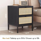 Boho Natural Rattan Nightstand with Drawer Set of 2