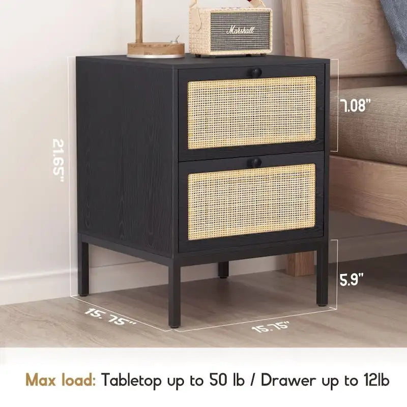 Boho Natural Rattan Nightstand with Drawer Set of 2