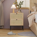 Boho Natural Rattan Nightstand with Drawer Set of 2