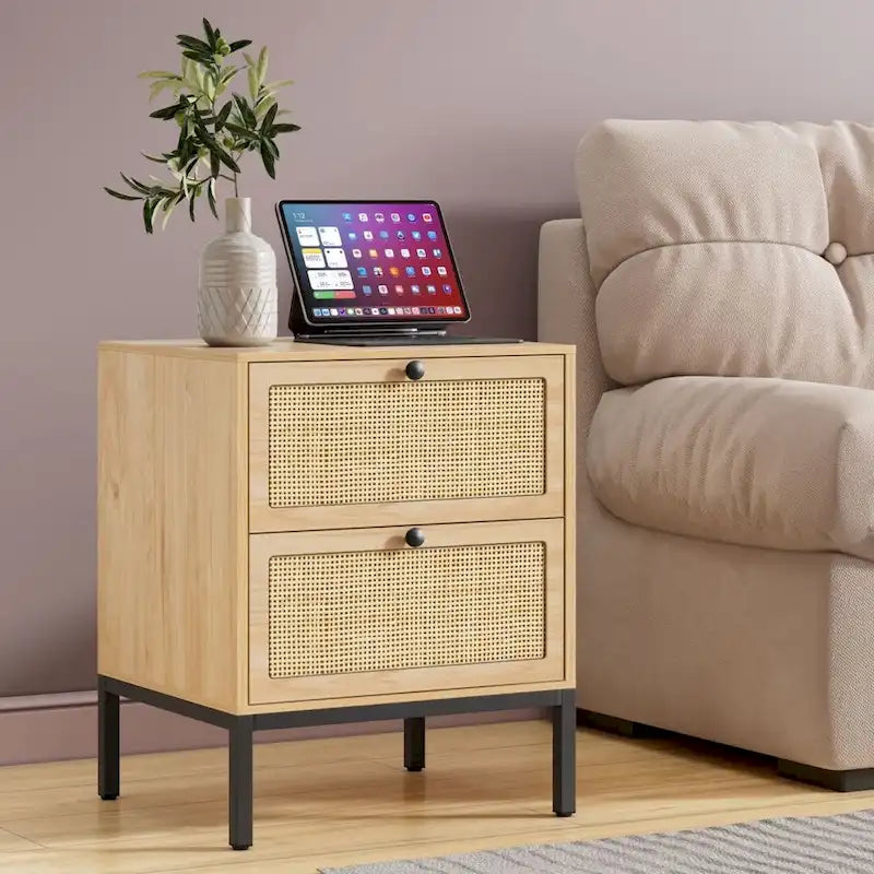 Boho Natural Rattan Nightstand with Drawer Set of 2
