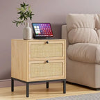 Boho Natural Rattan Nightstand with Drawer Set of 2