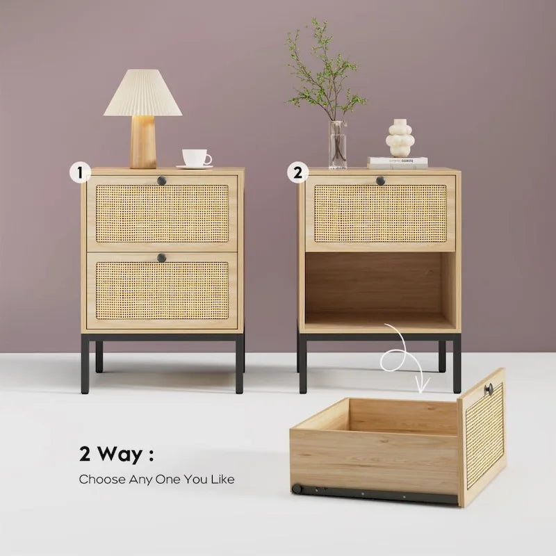 Boho Natural Rattan Nightstand with Drawer Set of 2