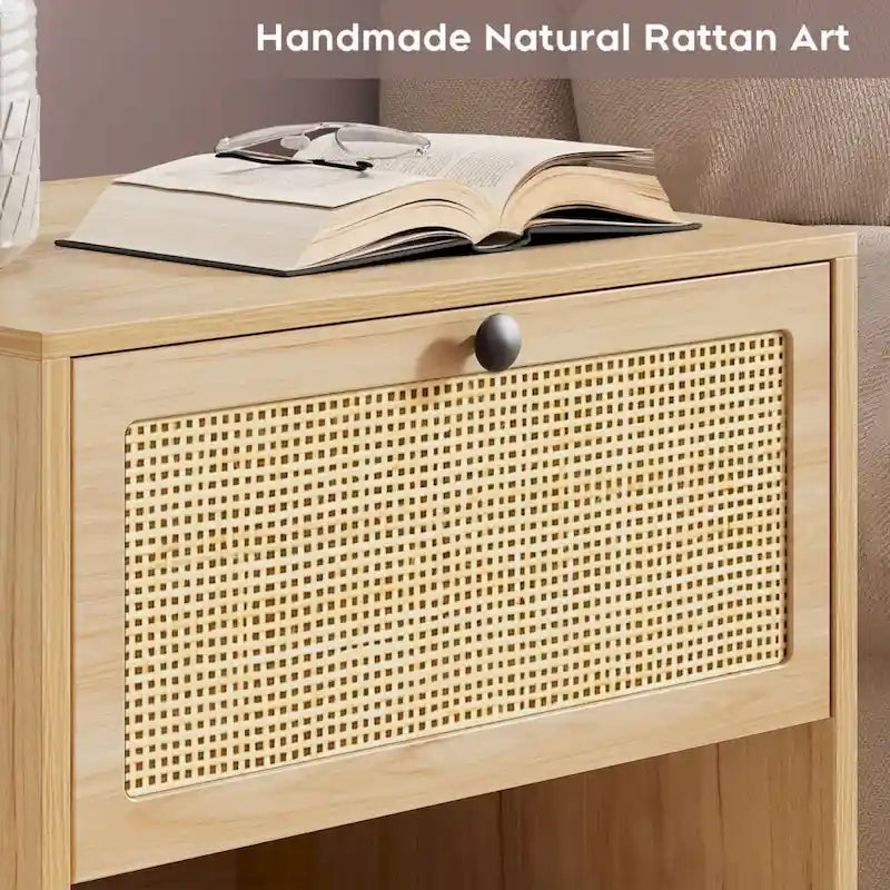 Boho Natural Rattan Nightstand with Drawer Set of 2
