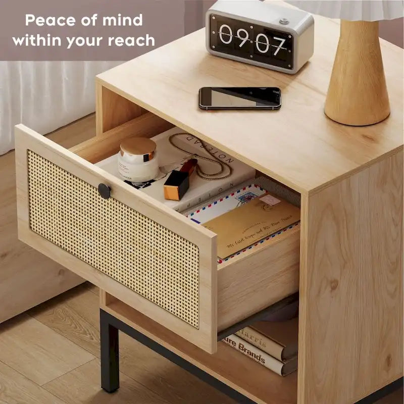 Boho Natural Rattan Nightstand with Drawer Set of 2