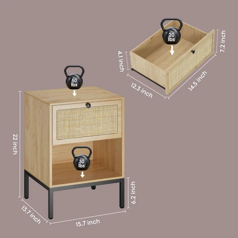 Boho Natural Rattan Nightstand with Drawer Set of 2