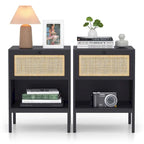 Boho Natural Rattan Nightstand with Drawer Set of 2