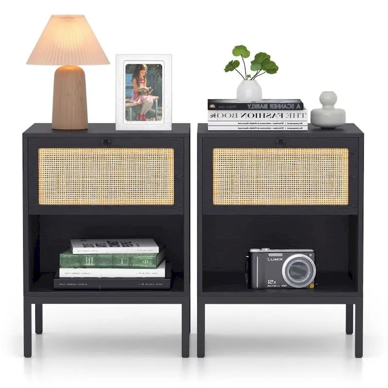 Boho Natural Rattan Nightstand with Drawer Set of 2