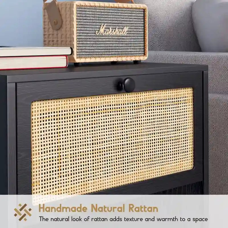 Boho Natural Rattan Nightstand with Drawer Set of 2