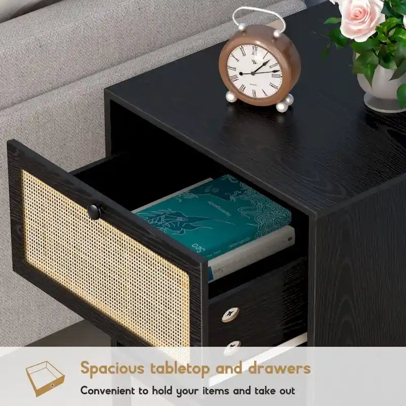 Boho Natural Rattan Nightstand with Drawer Set of 2