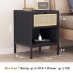 Boho Natural Rattan Nightstand with Drawer Set of 2
