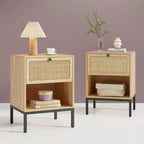 Boho Natural Rattan Nightstand with Drawer Set of 2