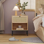 Boho Natural Rattan Nightstand with Drawer Set of 2