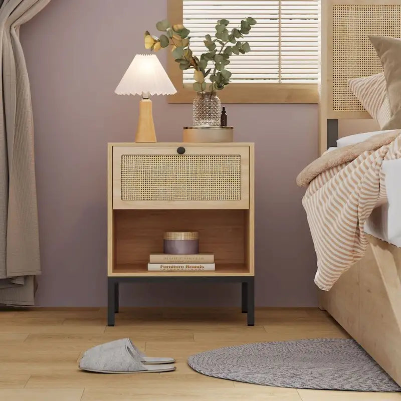 Boho Natural Rattan Nightstand with Drawer Set of 2