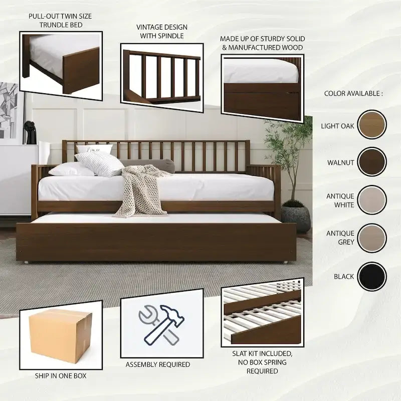 CraftPorch Classic Wooden Twin Size Daybed With Trundle