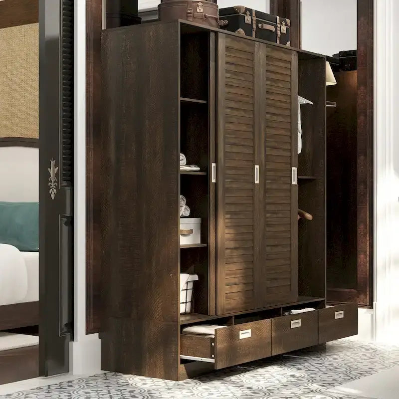Closet Cabinet Wardrobe Armoire with Drawers, Hanging Rod Brown