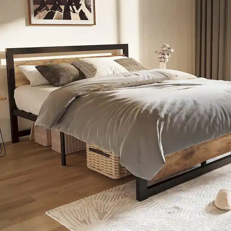 Bed Frame Platform with Headboard, No Box Spring Needed, Load Up to 700Lbs, Rustic Brown