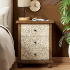 COZAYH Rustic Farmhouse 3-Drawer Nightstand with Leaves Pattern Carved, Vintage French Country Dresser Chest Accent Cabinet