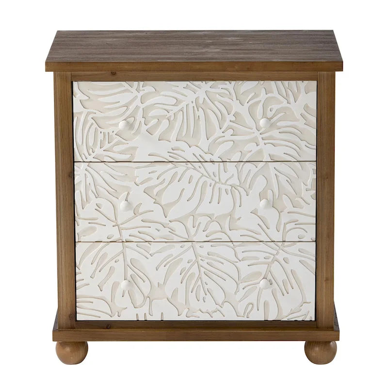 COZAYH Rustic Farmhouse 3-Drawer Nightstand with Leaves Pattern Carved, Vintage French Country Dresser Chest Accent Cabinet