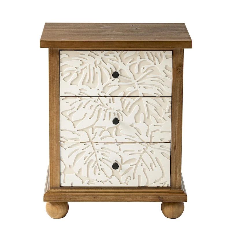 COZAYH Rustic Farmhouse 3-Drawer Nightstand with Leaves Pattern Carved, Vintage French Country Dresser Chest Accent Cabinet