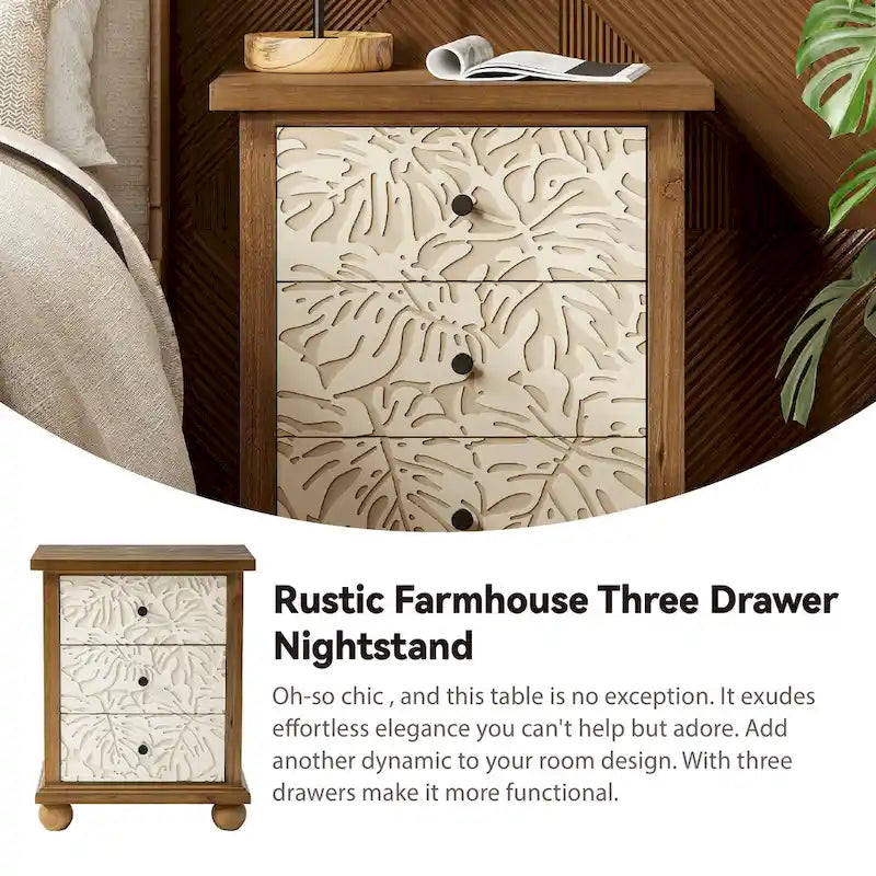 COZAYH Rustic Farmhouse 3-Drawer Nightstand with Leaves Pattern Carved, Vintage French Country Dresser Chest Accent Cabinet