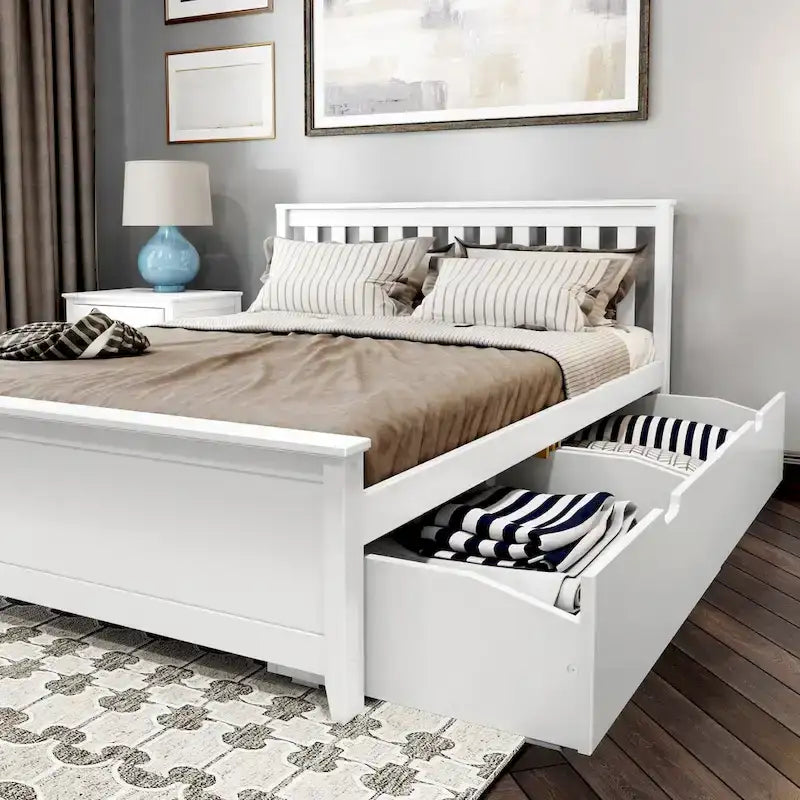 Plank and Beam Queen Bed with Storage Drawers and Slat Headboard