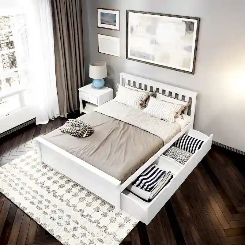 Plank and Beam Queen Bed with Storage Drawers and Slat Headboard