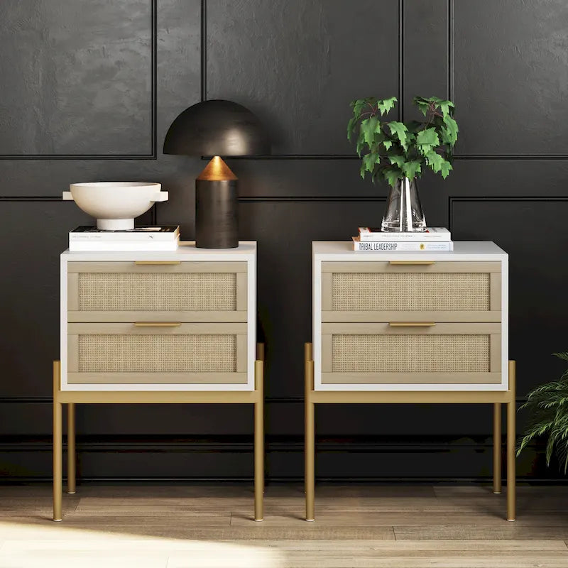 Nathan James Andrew Rattan End Side Table Storage Doors Gold Accents