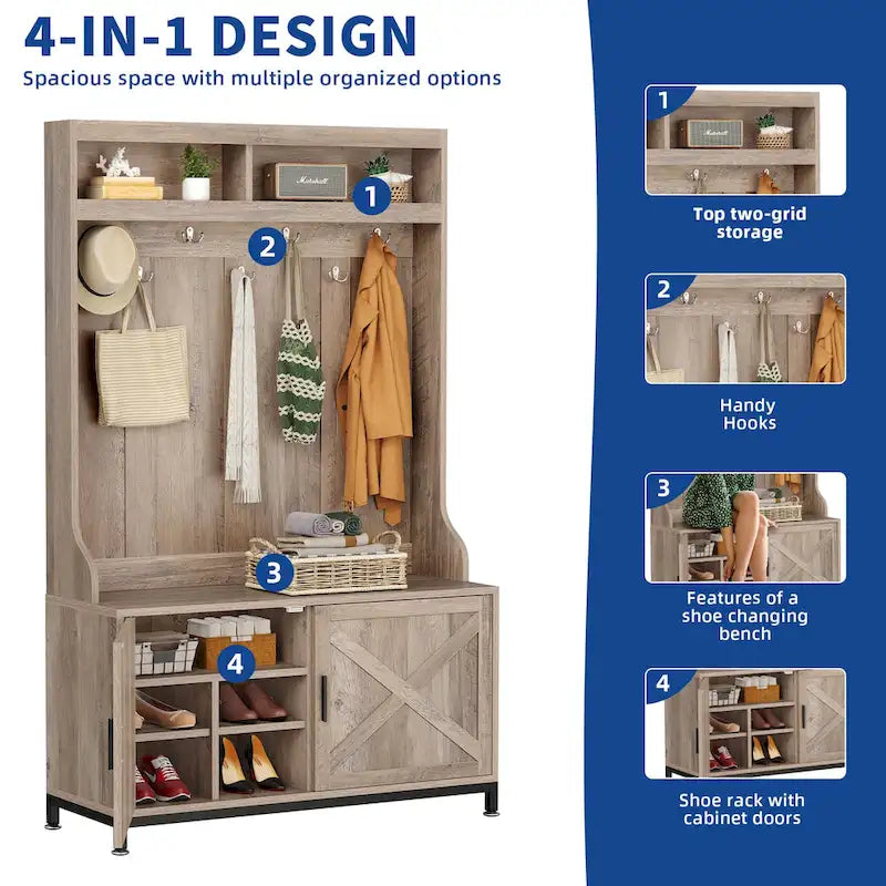 Moasis Hall Tree and Coat Rack with Bench and Shoe Storage for Hallway Entryway