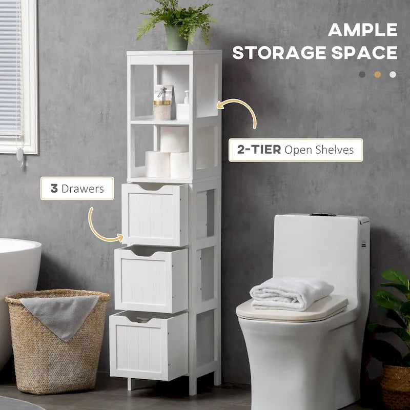 kleankin Narrow Bathroom Cabinet with 3 Drawers and 2 Tier Shelf, Tall Cupboard Freestanding Linen Tower, Slim Corner Organizer