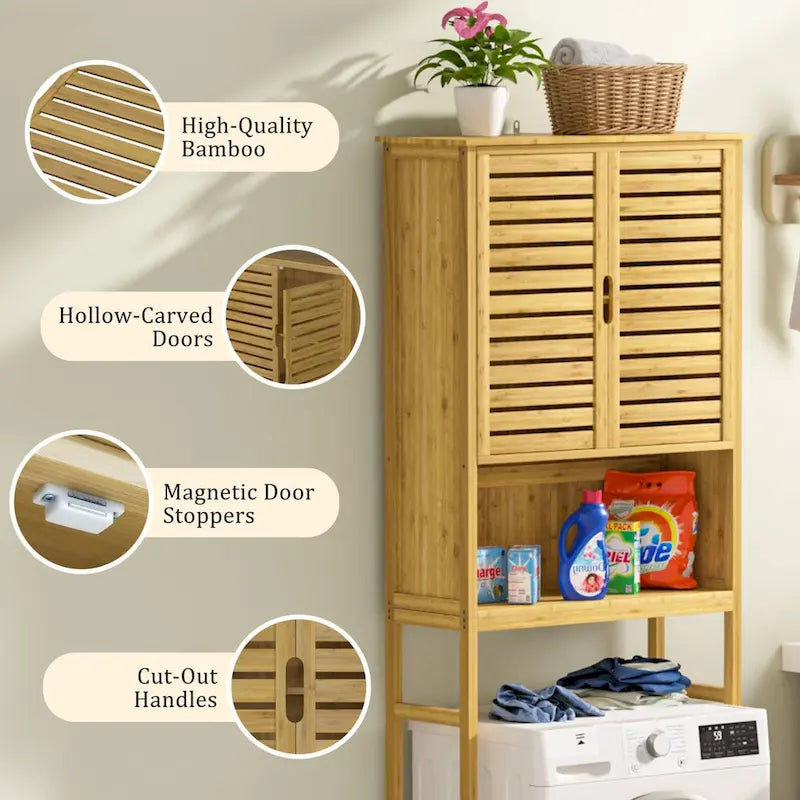VEIKOUS Bamboo Over The Toilet Storage Cabinet Cupboard Bathroom Organizer with Adjustable Shelf and Double Doors