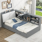 Wood Twin Size platform bed with Storage Headboard, Shelves and 2 Drawers, Gray