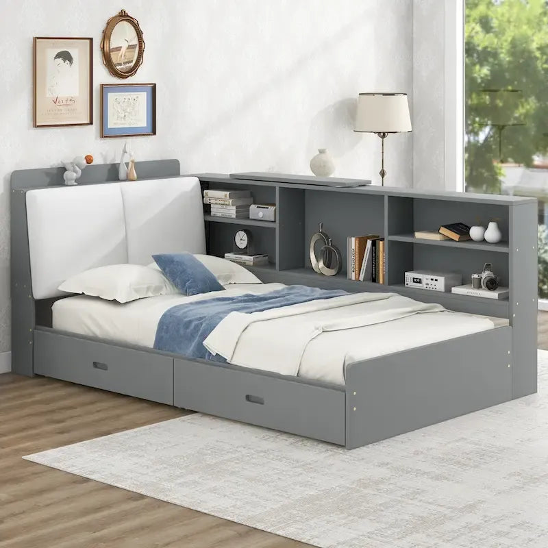 Wood Twin Size platform bed with Storage Headboard, Shelves and 2 Drawers, Gray