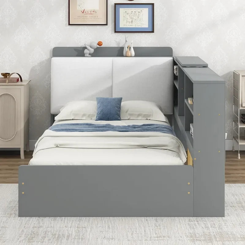 Wood Twin Size platform bed with Storage Headboard, Shelves and 2 Drawers, Gray