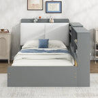 Wood Twin Size platform bed with Storage Headboard, Shelves and 2 Drawers, Gray