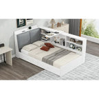 Wood Twin Size platform bed with Storage Headboard, Shelves and 2 Drawers, Gray